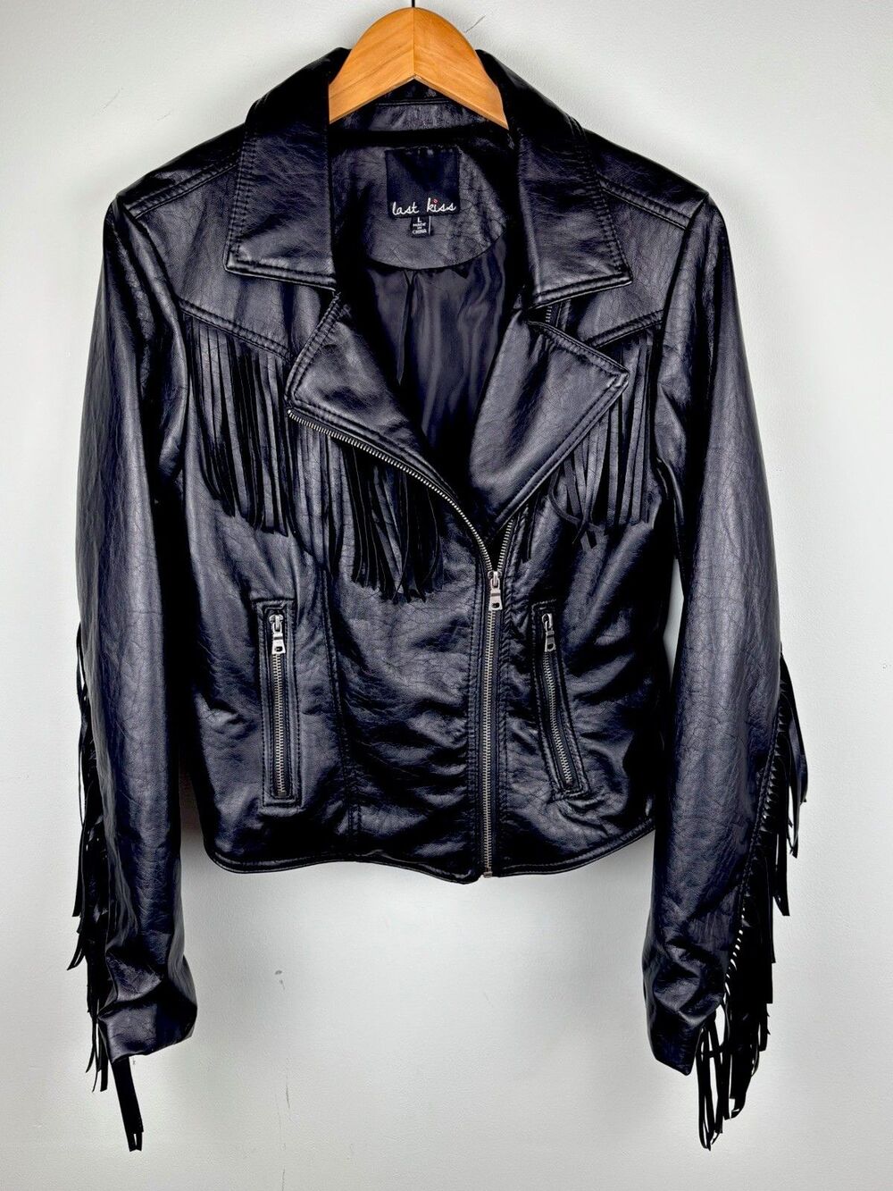 Women's Black Size L Faux Leather Moto Jacket Fringe Last Kiss
